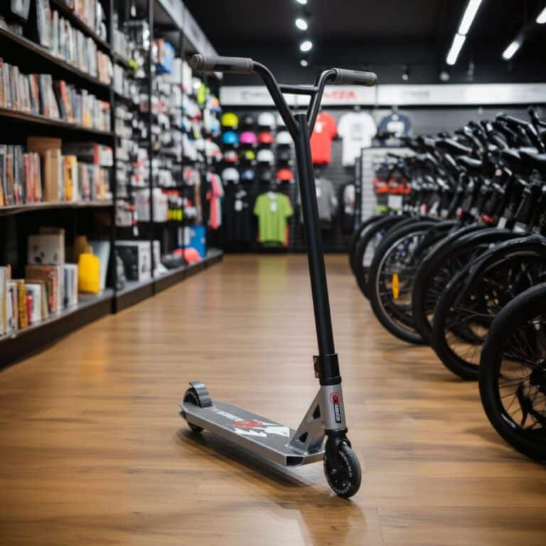 קורקינט פעלולים עם כידון שחור ודק אפור מוצג בחנות ציוד ספורט | yrz