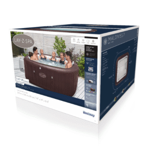 קופסת מוצר של Bestway Lay-Z-Spa Maldives ג'קוזי מתנפח עם תמונת אנשים בתוך הג'קוזי | yrz
