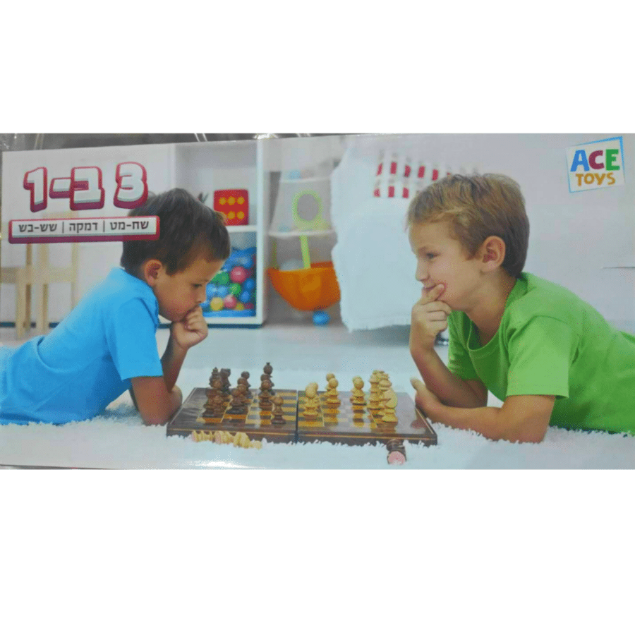 ⁦משחק שח-מט, דמקה ושש-בש מעץ לילדים 3 ב-1 1901006 מאת Ace toys⁩ – תמונה ⁦2⁩