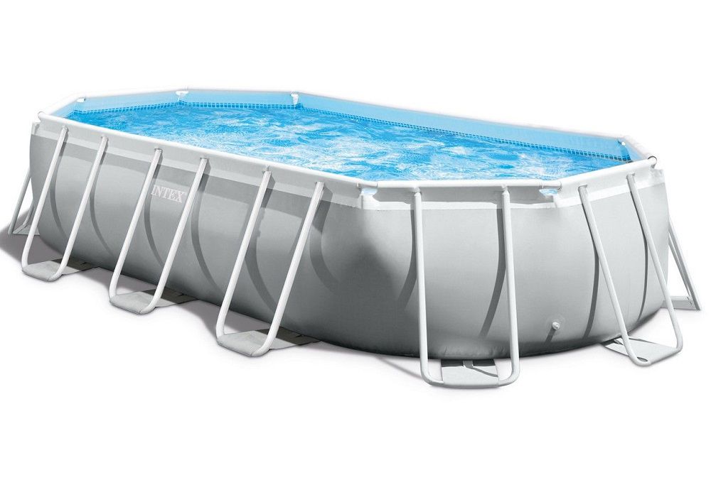 בריכה אובלית Intex Prism Frame Ultra 503×274×122 ס״מ (26796P) | yrz בריכה אובלית מלבנית אפורה עם מסגרת מתכת ומים, Intex Prism Frame Ultra | yrz